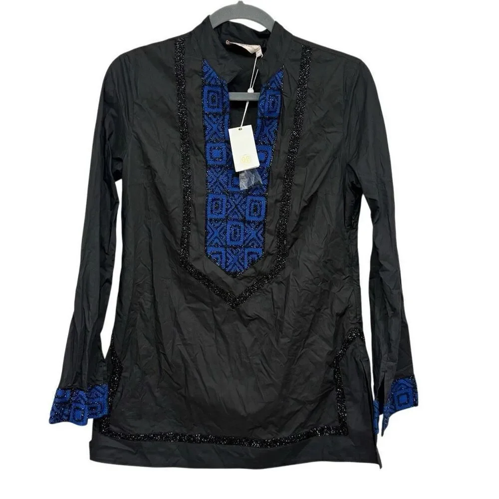 Tory Burch Black Embellished Long Sleeve cotton tunic size 2